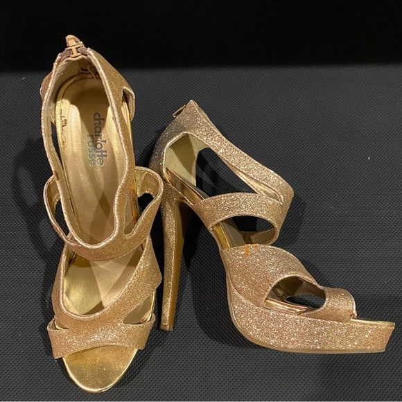 GOLD GLITTER STRAPY HEELS- SIZE 7 - Picture 2 of 6